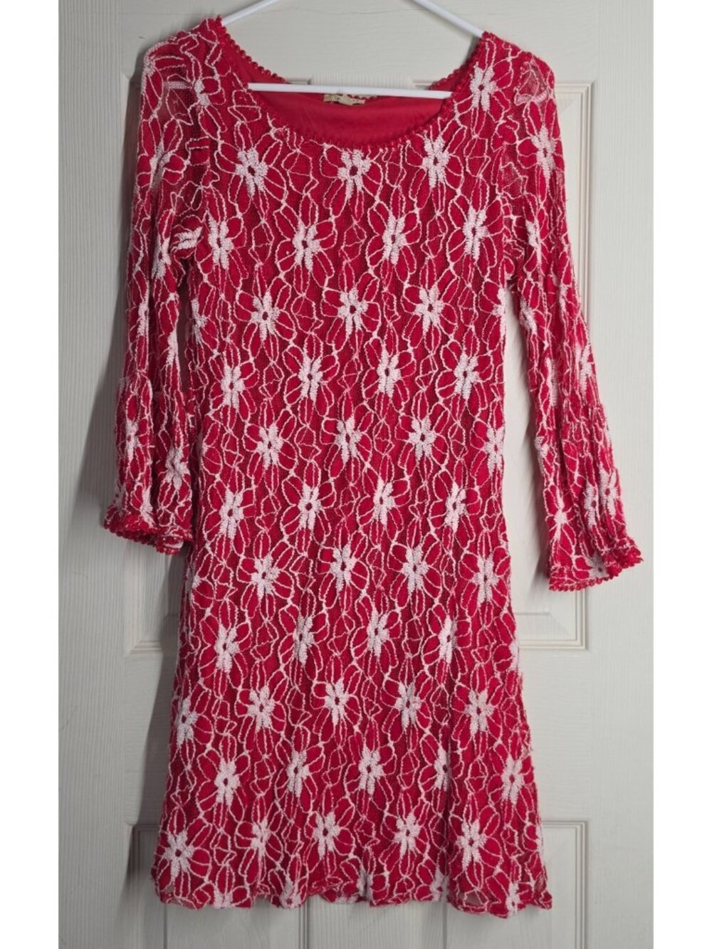 Haani Lace Dress Medium Red Floral Bell Sleeve Fit Flare Boho Romantic Coquette